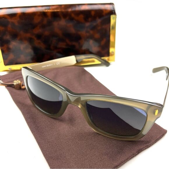 Tory Burch Gradient Taupe Gold Polarized Wayfarer Sunglasses with Case - Picture 1 of 11